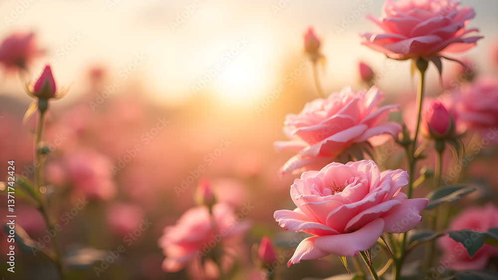 Sunrise Serenade: A Blooming Pink Rose Garden