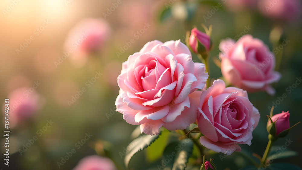 Delicate Pink Roses Blossoming in Soft Sunlight