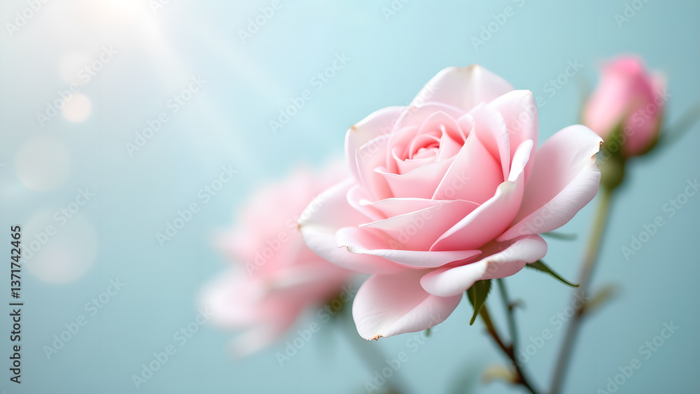 Elegant Pink Roses Bloom on Light Blue Pastel