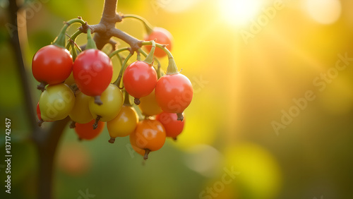 Obraz na płótnie Solanum Capsicastrum Bunch with Golden Sunlight w salonie