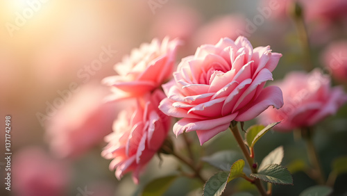 Obraz na płótnie Radiant Pink Roses in the Soft Sunlight Garden w salonie