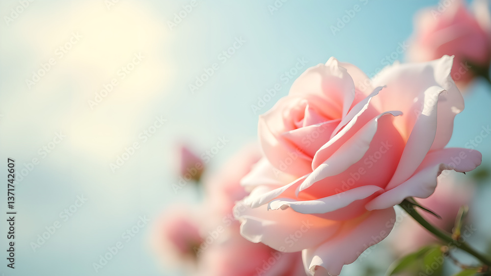 Soft Pink Rose Blooms against Blue Sky Beauty