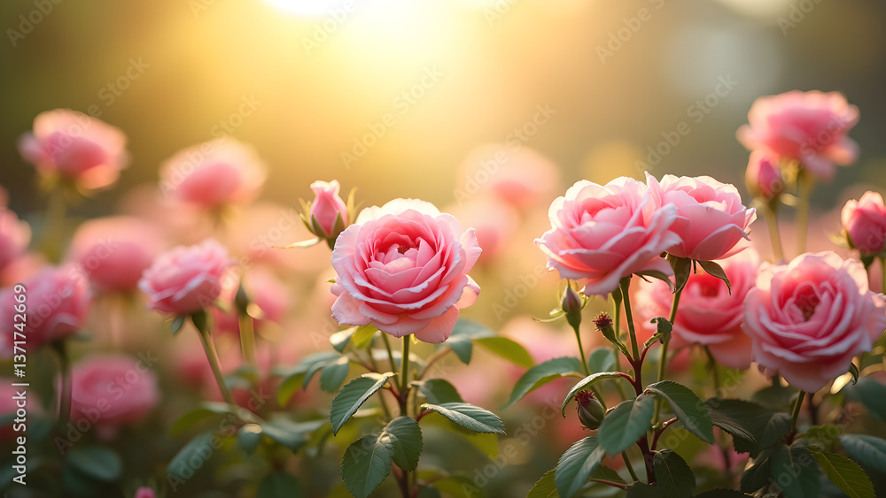 Enchanting Garden of Pink Roses in Golden Light