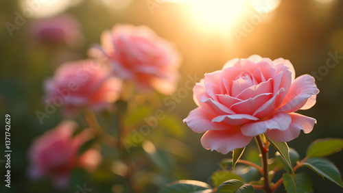 Romantic Sunset Roses in Bloom with golden glow