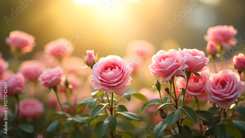 Obraz na płótnie Enchanting Garden of Pink Roses in Golden Light w salonie