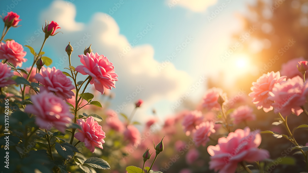 Pink Roses Bloom Under a Sunny Sky Display