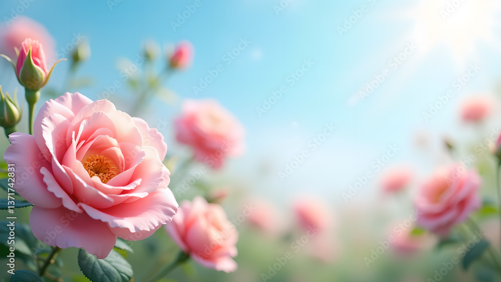 Delicate Pink Roses Blooming in the Sunlight