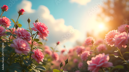 Obraz na płótnie Pink Roses Bloom Under a Sunny Sky Display w salonie