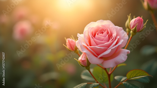 Romantic Pink Rose Bloom with Golden Light