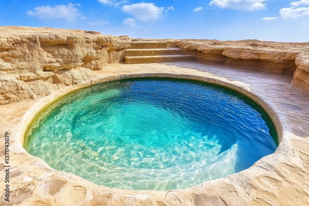 A mysterious oasis hidden in the middle of an ancient desert ruin, its water glistening under the sun A mysterious oasis hidden in the middle of an ancient desert ruin, its water glistening under the sun