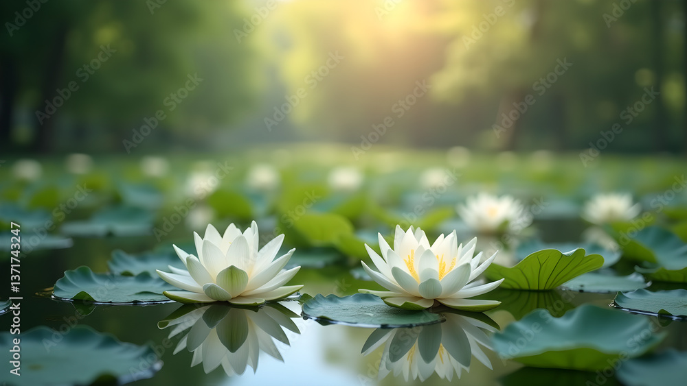 Serene Waterscape with Lotus Blossoms and Reflections Serene Waterscape with Lotus Blossoms and Reflections