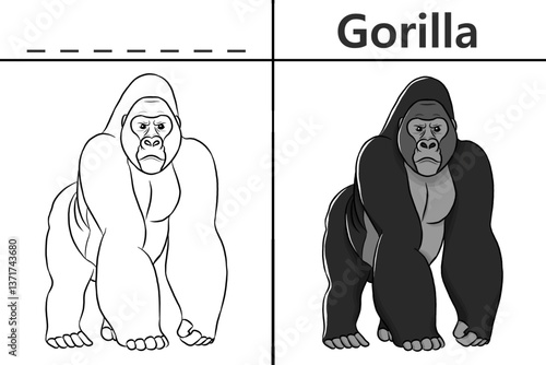Gorilla coloring pages for kids and learn to recognize letters, animal recognition card media for various games in early childhood learning