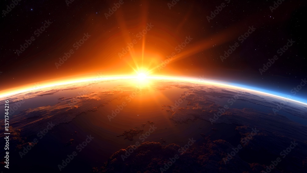 Fototapeta premium Stunning Sunrise Over Earth from Space with Vibrant Orange Horizon