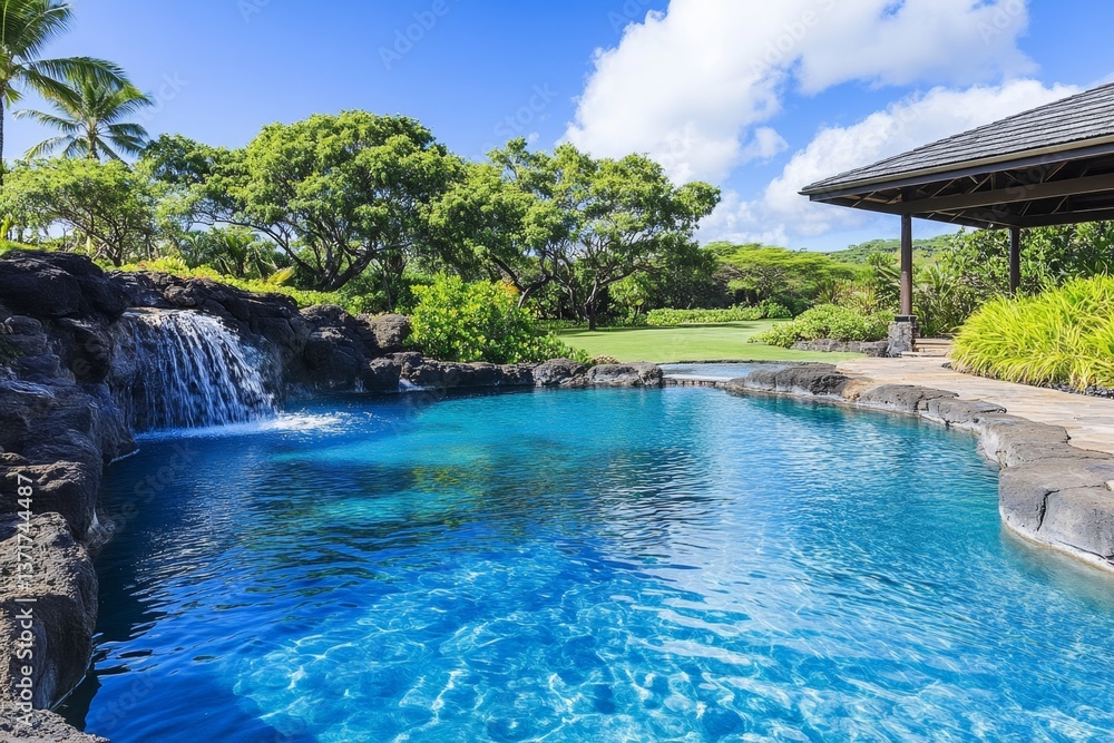 Obraz premium A peaceful tropical oasis with a small waterfall flowing into a serene lagoon