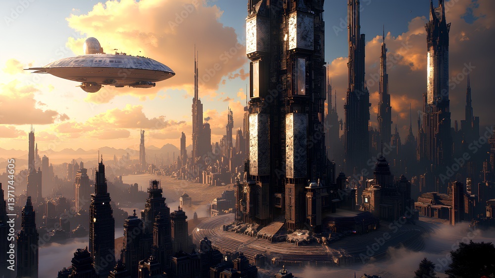 Futuristic Cityscape with Flying Saucer and Towering Skyscrapers Futuristic Cityscape with Flying Saucer and Towering Skyscrapers