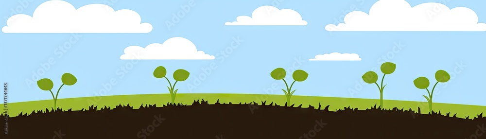 Fototapeta premium Young plants grow in field under sunny sky; nature, growth, spring, agriculture, farming