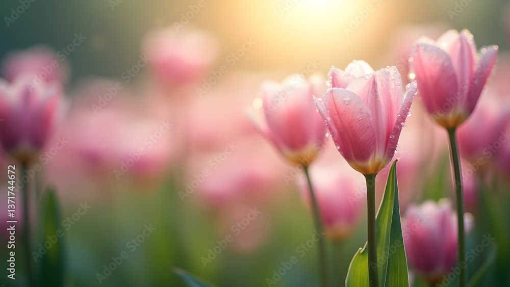 Obraz premium Dew Kissed Pink Tulips in Gentle Sunlight Glimmer