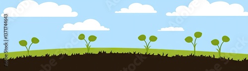 Young plants grow in field under sunny sky; nature, growth, spring, agriculture, farming