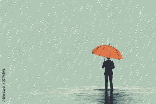 Serene Rain: Minimalist Illustration of a Person with Umbrella