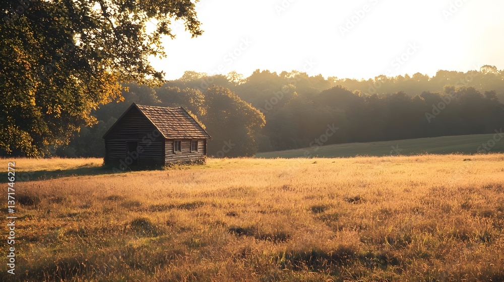 Serene countryside scene featuring a rustic wooden cabin surrounded by golden fields at sunset Serene countryside scene featuring a rustic wooden cabin surrounded by golden fields at sunset