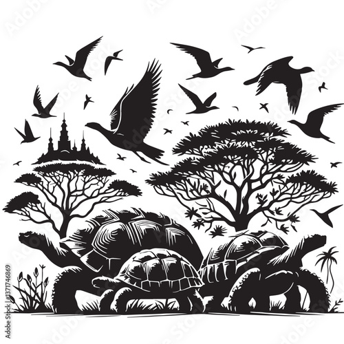 Black Pinta Island Tortoise Silhouette Vector, High Quality Illustration on White Background