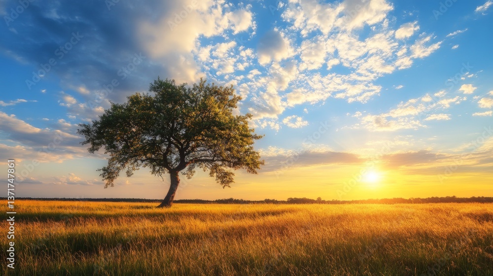 Lonely tree in a field with a sunset in the background Lonely tree in a field with a sunset in the background