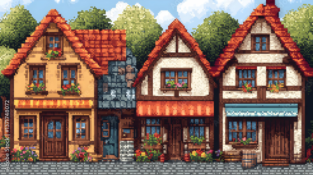 Fototapeta premium Pixel Art European Townscape with Colorful Buildings Brick Houses and Cobblestone Street Featuring Vintage Style Architecture