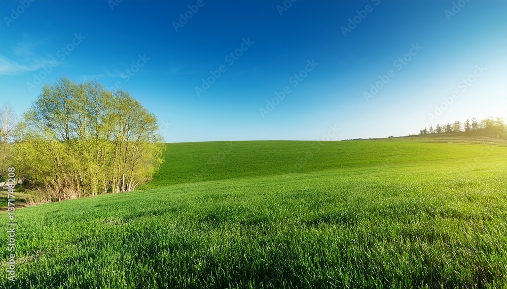 Fototapeta premium 春の草原と青空が広がり、隅に見える若葉が春の芽吹きと新しい始まりを感じさせるシンプルで穏やかな風景