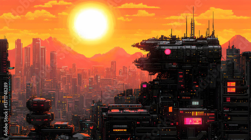 Pixel Art Futuristic Cityscape at Sunset with Orange Sky and Distant Mountains and Complex Building Structures