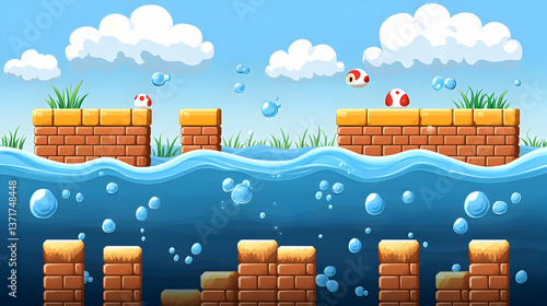 Pixel Art Game Scene Featuring Blue Water Bubbles and Fish with Brick Platforms Under a Cloudy Blue Sky