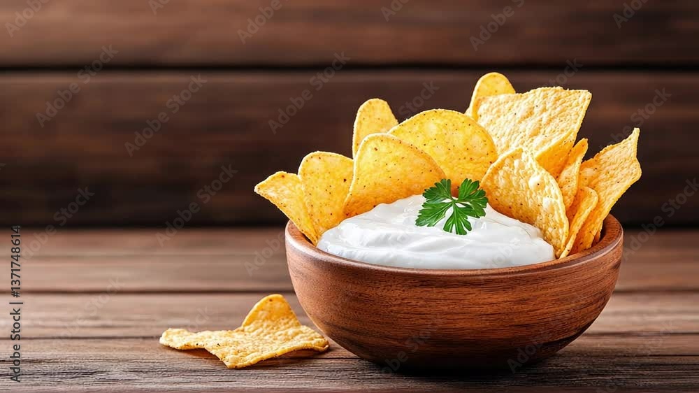 Crispy tortilla chips with creamy dip in a wooden bowl
