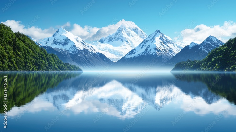 Idyllic Majestic mountains covered in snow with a serene lake below, creating an idyllic scene. Idyllic Majestic mountains covered in snow with a serene lake below, creating an idyllic scene.