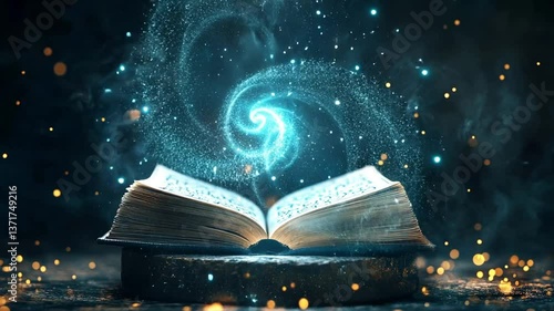 Enchanted book releasing magical energy in a mystical setting