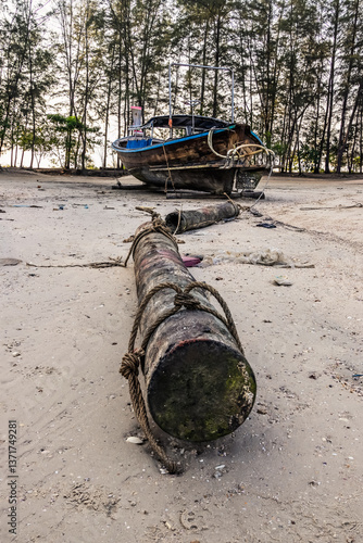 Wallpaper Mural Weathered log, rope and old boat on tidal beach near Ao Nang, Krabi.  Tall slender pine trees across the background. An overcast sky casts a soft diffused light over the centred scene. Torontodigital.ca