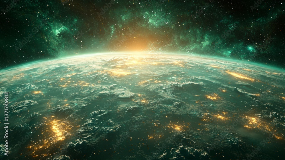 Fototapeta premium Futuristic Earth Night City Lights Space Planet Galaxy Sunrise