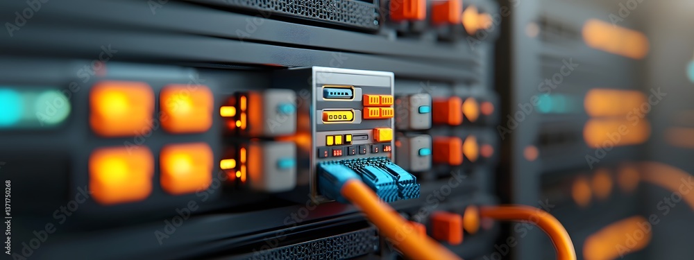 Advanced server hardware and software systems in a sleek high tech data center environment with glowing panels complex network cables and precise control interfaces Advanced server hardware and software systems in a sleek high tech data center environment with glowing panels complex network cables and precise control interfaces