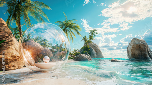 serene beach scene features transparent bubble structure on sand, showcasing pearl inside. Lush palm trees and rocky formations enhance tranquil atmosphere, inviting relaxation