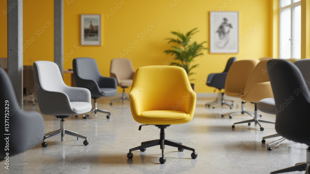 Modern office chairs in bright workspace with yellow accent wall create vibrant atmosphere Modern office chairs in bright workspace with yellow accent wall create vibrant atmosphere