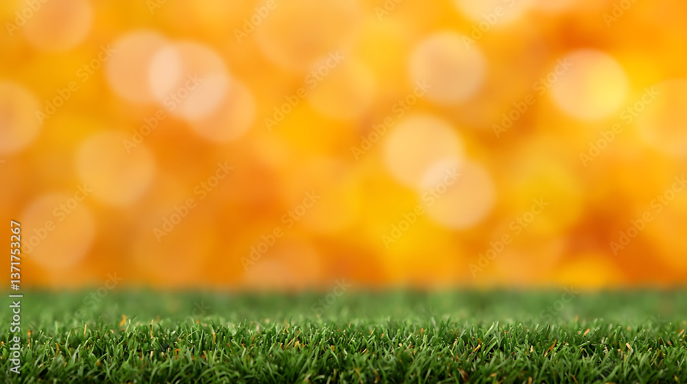 Obraz premium An inviting green grassy foreground is contrasted against a blurred orange backdrop. A minimalist scene which will provide ample space for placing your subject.