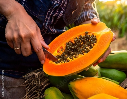 Close-up of freshly harvested papayas, A farmer cutting open a papaya, revealing its bright orange flesh