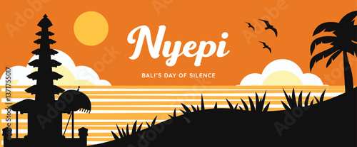Illustration of Nyepi, Bali Day of Silence, with a scenic sunset with traditional Balinese temple or pura silhouette, palm trees, and birds. The orange background symbolizes peace and refllection