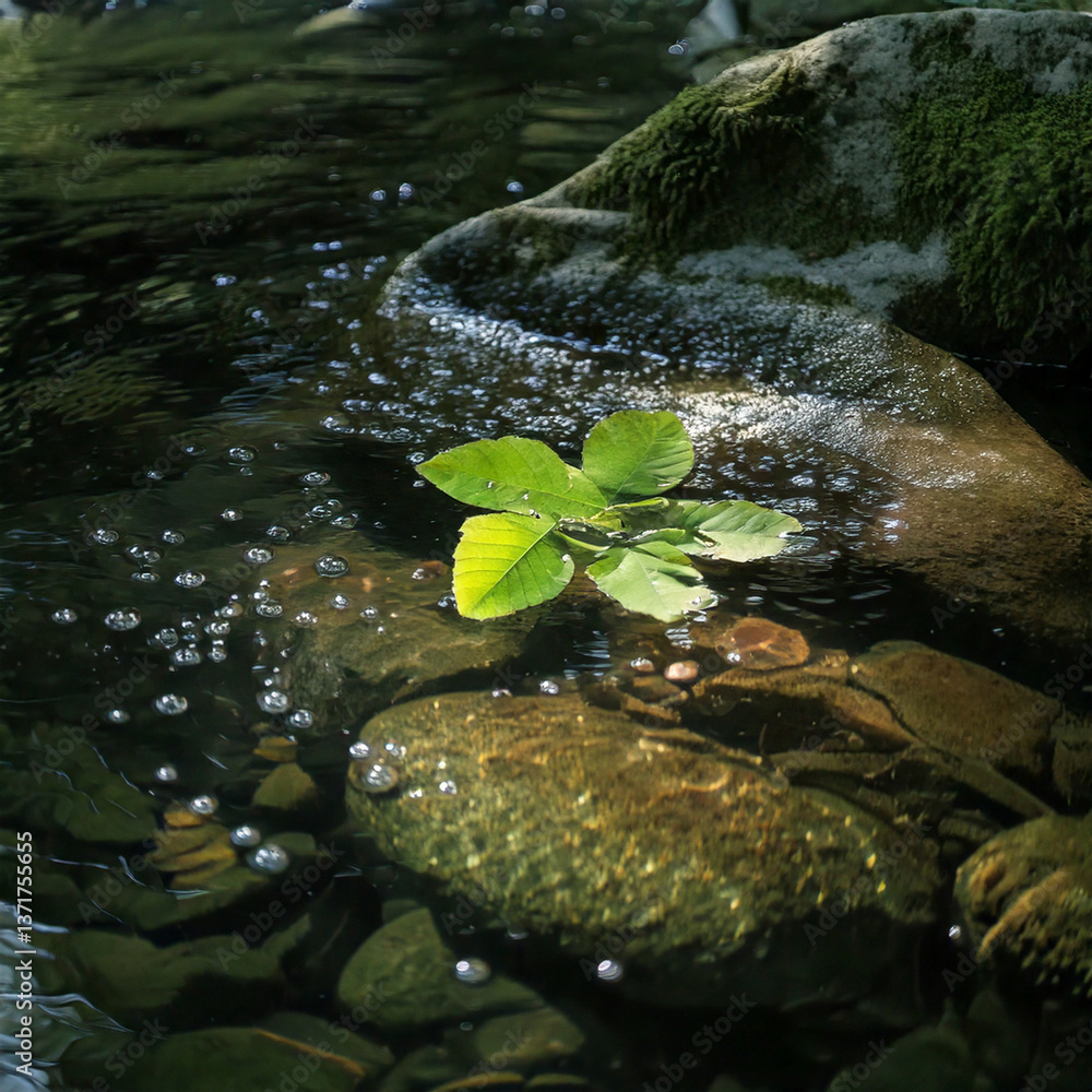 Obraz premium 清流と葉っぱ