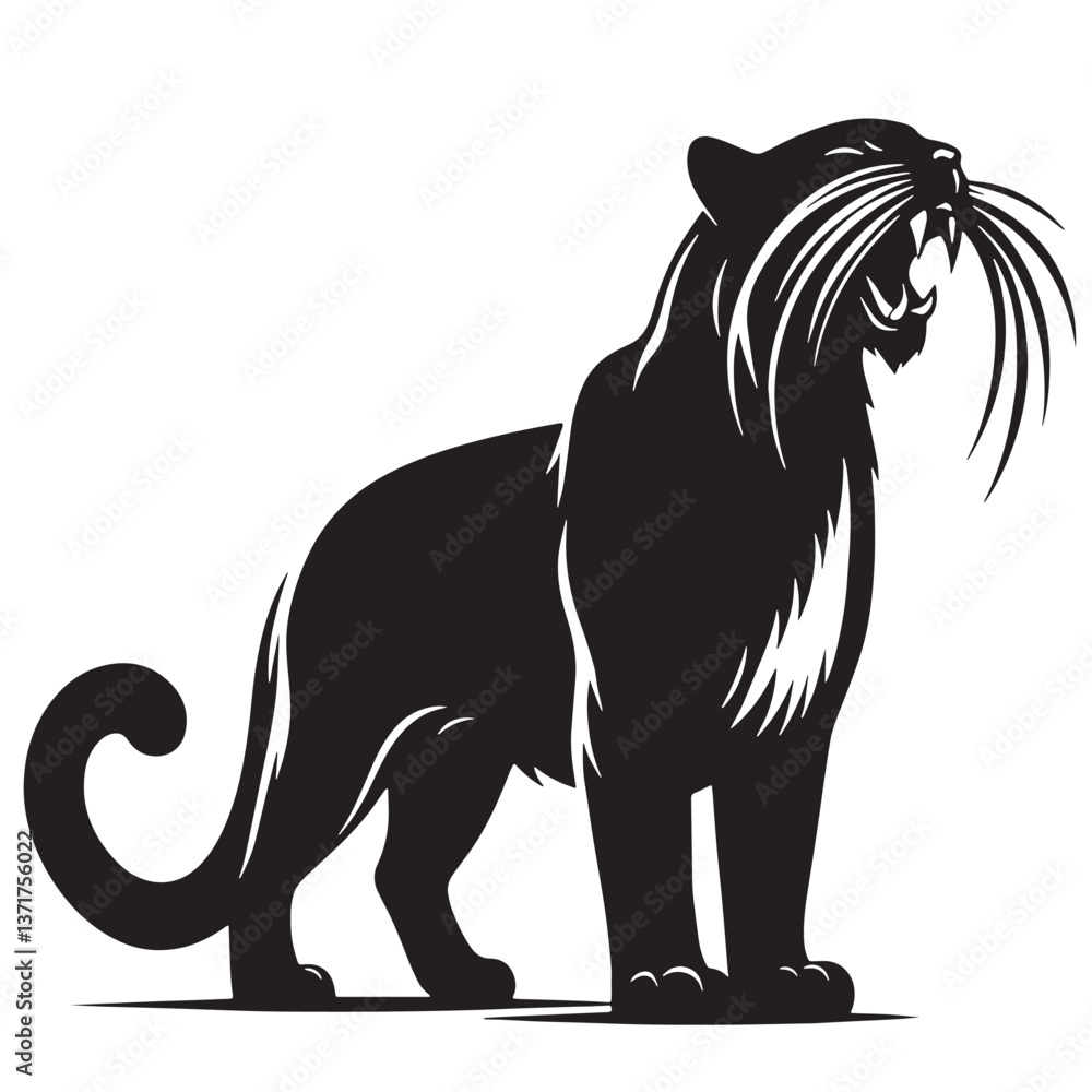 Obraz premium Black Saber-toothed Cat Silhouette Vector, High Quality Illustration on White Background