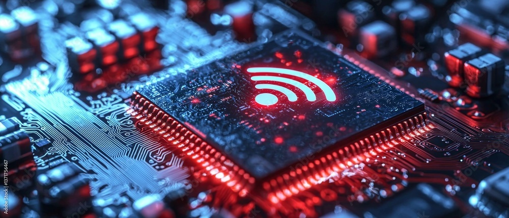 Fototapeta premium High-resolution shot of a circuit board with a radiant WiFi logo.