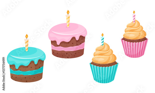 colorful cupcakes with candles. Perfect for birthday invitations, gender party, baby shower, party decorations. 