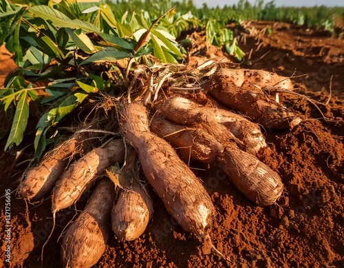 Close-up of harvested cassava, A bunch of cassava tubers freshly pulled from the ground