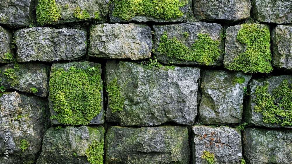 Naklejka premium Moss-Covered Stone Wall: A Serene Rustic Texture