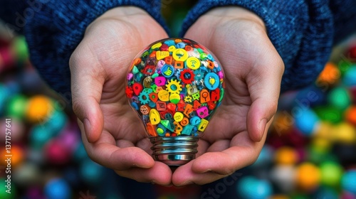 Wallpaper Mural Hands holding a light bulb filled with colorful symbols; creative idea concept; vibrant background Torontodigital.ca