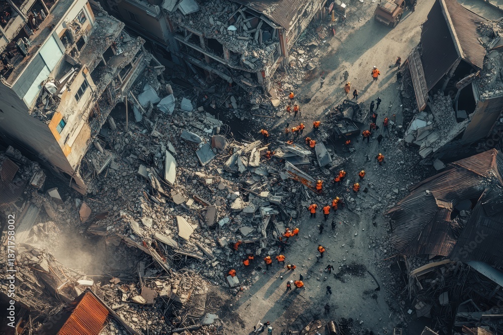 Devastation and Rescue: Aerial view of the aftermath of a devastating earthquake, rescuers searching for survivors amidst the rubble of collapsed buildings, a scene of destruction and resilience. Devastation and Rescue: Aerial view of the aftermath of a devastating earthquake, rescuers searching for survivors amidst the rubble of collapsed buildings, a scene of destruction and resilience.