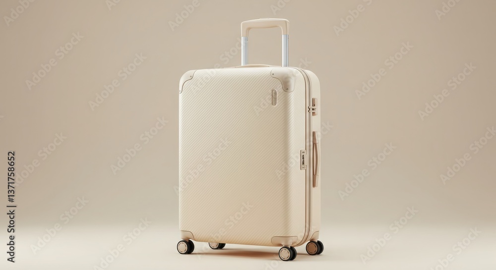Isolated beige suitcase with wheels and handle on a neutral background in a studio setting Isolated beige suitcase with wheels and handle on a neutral background in a studio setting